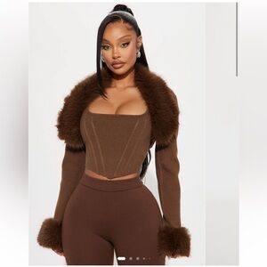 Brown Faux Fur Trim Knit cardigan and Corset Top set